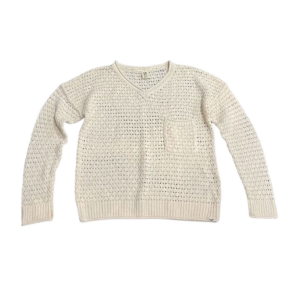 Roxy Open Knit Crochet V-Neck Sweater Size Medium Beachy Boho Indie Relaxed Fit